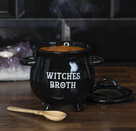Witches Broth Cauldron Soup Bowl & Broomstick Brush